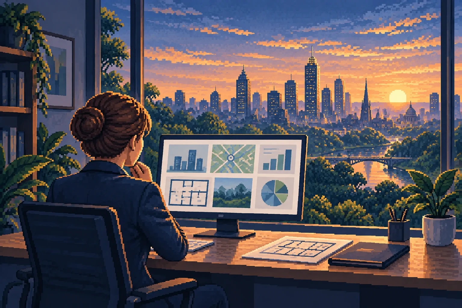 Pixel-art illustration of a property professional reviewing an organised workspace overlooking a leafy city at sunrise.