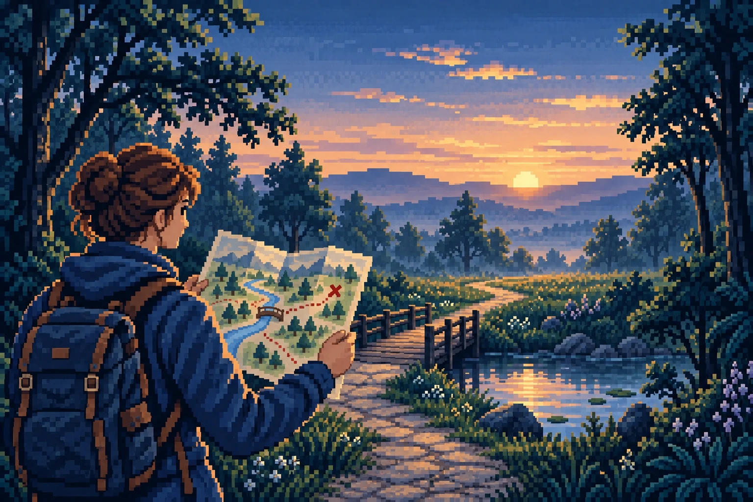 A pixel-art explorer finding a path on an open map beside a woodland bridge.